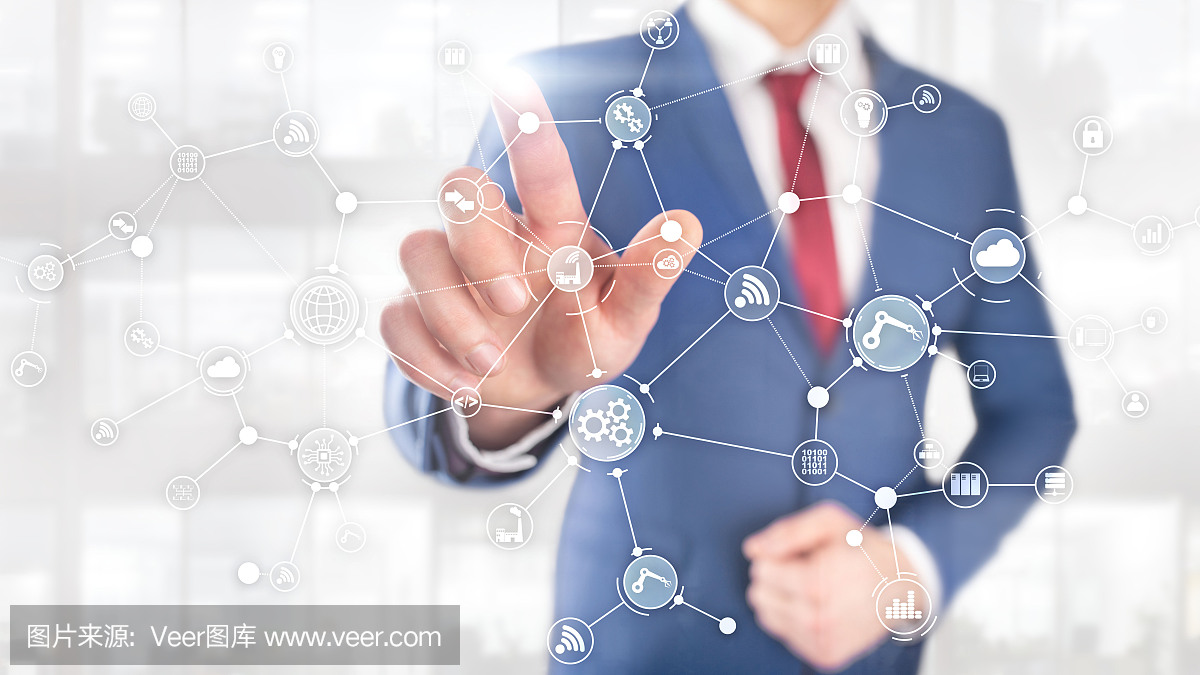 虛擬屏幕上的技術工業業務流程工作流組織結構。物聯網智能行業概念混合媒體圖。